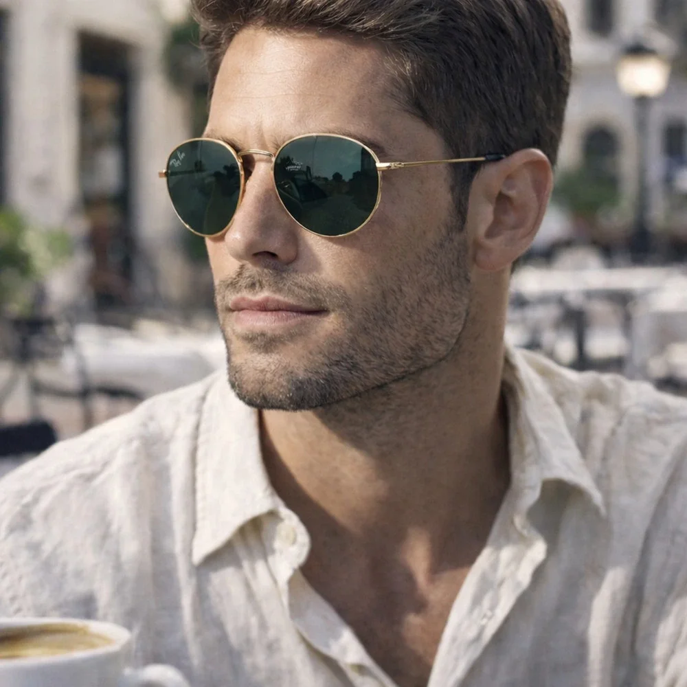 Ray-Ban RB3447N Round Metal Sunglasses Gold Green G15 53mm OG Case Cloth Papers